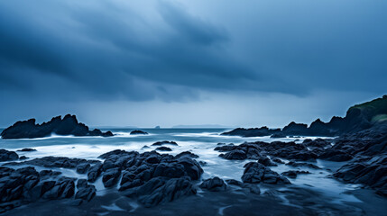Moody seascape with dramatic sky and rugged coastline