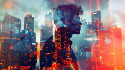 Double explosure with businesss charts and financial district of megapolis city, Double exposure of businessman cityscape and financial graph on blurred building background, - obrazy, fototapety, plakaty