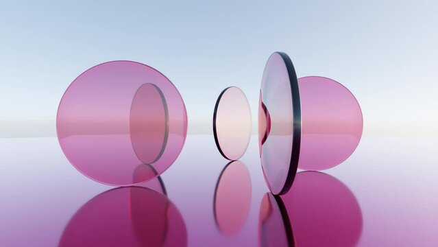 Dynamic Geometric Rosettes: Abstract 3D Animation of Five Transparent Pink Glass Discs Rotating in a Circle
