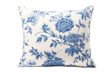 Blue and White Pillow With Flowers. A blue pillow with white flowers embroidered on it. The pillow is showcasing its intricate floral design. On PNG Transparent Clear Background.