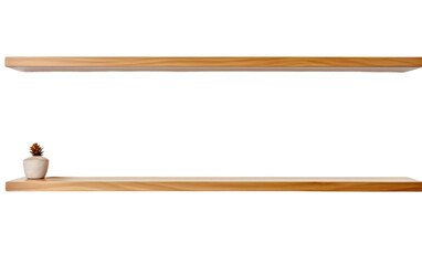 Two Wooden Shelves Side by Side. A couple of wooden shelves are positioned next to each other against a plain wall. The shelves are empty, showing their simple design and structure.
