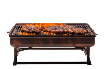 BBQ Grill With Two Steaks Cooking. A BBQ grill with two steaks sizzling on the hot grates, cooking to perfection as smoke rises around them.