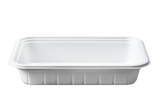 White Plastic Container. A white plastic container is empty and has a simple design with no embellishments. The stark contrast between the container and the background highlights its shape and color.