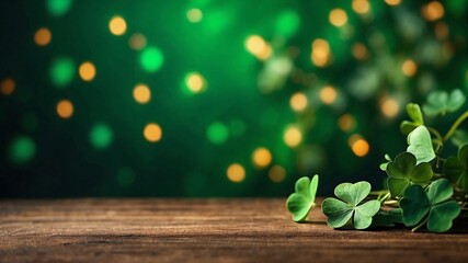 Green happy St. Patrick's Day sign background with a leprechaun green shamrock hat full of gold coins and clover symbol. Generative AI