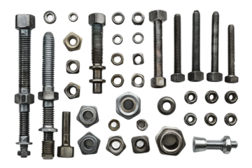 Assorted Nuts and Bolts. A collection of various nuts and bolts scattered across a stark. The metal fasteners are different sizes and shapes, creating a visually interesting composition.