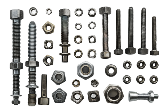 Assorted Nuts and Bolts. A collection of various nuts and bolts scattered across a stark. The metal fasteners are different sizes and shapes, creating a visually interesting composition.