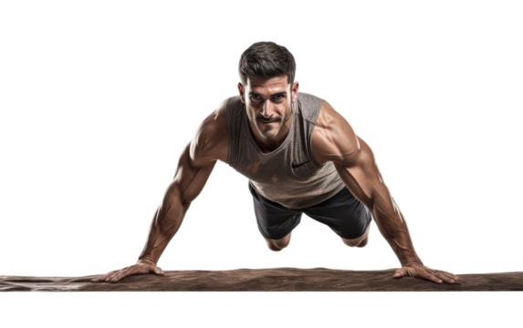 Man Performing Push Ups on Exercise Mat. He is using his arms to lift and lower his body in a rhythmic motion, engaging his chest, shoulders, and triceps.