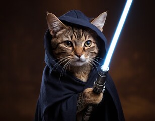 Funny cat in clothes and with a glowing sword, cute pet for background, poster, print, design card, banner, flyer