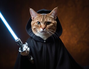 Funny cat in Jedi robe clothes and with a lightsaber, cute pet for background, poster, print, design card, banner, flyer
