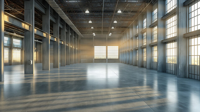 Concrete floors inside industrial buildings Used as a large factory, warehouse and steel structure with free space.