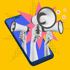 Hands with three megaphones stacking out phone screen symbolizing importance and relevance of usage...
