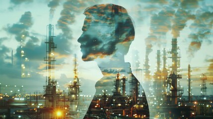 Double exposure of Engineer with oil refinery industry plant background, industrial instruments in the factory and physical system icons concept - obrazy, fototapety, plakaty