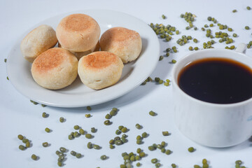 Typical snack from Java, Indonesia. Bakpia filled with nuts, black coffee and dates