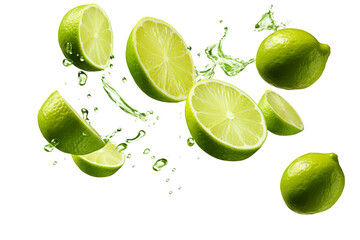 Limes With Water Splashing. Fresh green limes being drenched with splashes of water. The vibrant citrus fruits glisten as water droplets cling to their smooth skin.