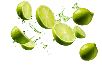 Limes With Water Splashing. Fresh green limes being drenched with splashes of water. The vibrant citrus fruits glisten as water droplets cling to their smooth skin.
