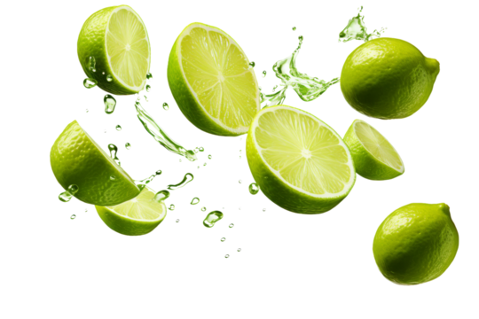 Limes With Water Splashing. Fresh green limes being drenched with splashes of water. The vibrant citrus fruits glisten as water droplets cling to their smooth skin.