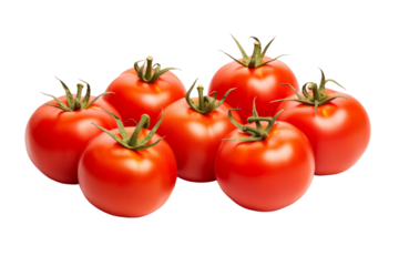 Six Tomatoes. A close up view of six ripe tomatoes are round and red, showing their glossy skin. Each tomato is distinct in size and shape, adding visual interest to the composition.