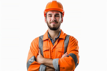 Smart young engineer building or constructor worker with safety uniform, vest and safety hat isolated on white background, planning project.