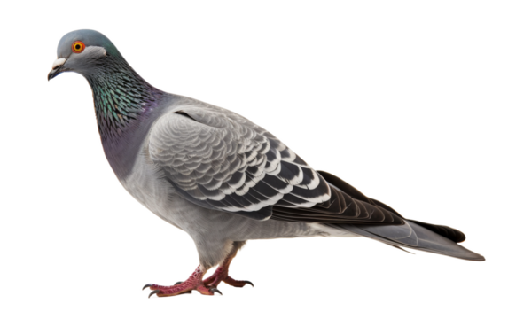 Pigeon Standing. The bird appears to be standing still and alert, with its feathers subtly ruffled. On PNG Transparent Clear Background.