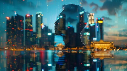 Financial growth concept with businessman thinking about profit on night Singapore city background with business chart and copy space. Double exposure