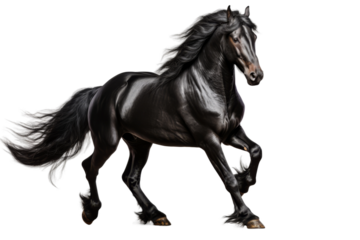 Black Horse Galloping. A black horse is energetically galloping. The horses powerful strides create a dynamic and striking contrast against the plain backdrop. On PNG Transparent Clear Background.