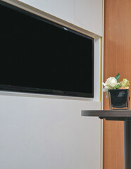 Close up view of flatscreen lcd led tv television wall mounted and coffee table with flower...