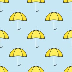 Fototapeta na wymiar Yellow umbrellas on blue background. Vector seamless pattern.