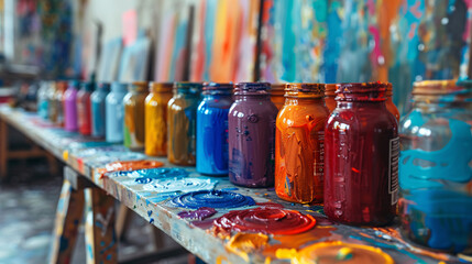 Mat&eacute;riel d'arts plastiques dans une classe d'&eacute;cole primaire ou maternelle, pinceaux, pots de peinture...