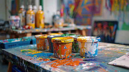 Matériel d'arts plastiques dans une classe d'école primaire ou maternelle, pinceaux, pots de peinture...