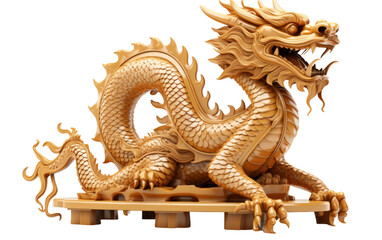 Fototapeta premium Golden Dragon Statue on Wooden Platform. A golden dragon statue is prominently displayed on top of a sturdy wooden platform.