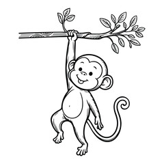 line art of monkey cartoon using one hand hanging with the branch of tree vector