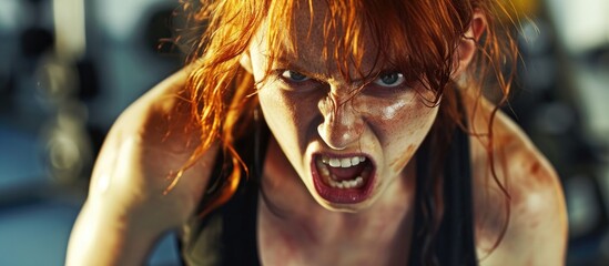 A close-up photo of a fiery redhead expressing intense anger and aggression, likely at the gym. The focus is on the womans vibrant red hair and strong facial expressions.