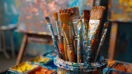 Fototapeta premium Matériel d'arts plastiques dans une classe d'école primaire, pinceaux, pots de peinture et dessin