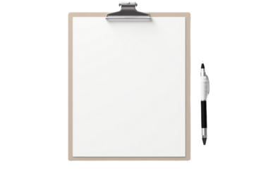Clipboard With Pen. A clipboard lies on a flat surface, with a black pen resting on top of it. The pen is positioned horizontally across the top of the clipboard. On PNG Transparent Clear Background.