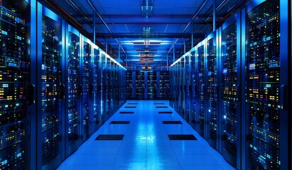 Obraz premium Dynamic Data Center with Rows of Servers Illuminated by Vibrant Blue Light for Technological Brilliance