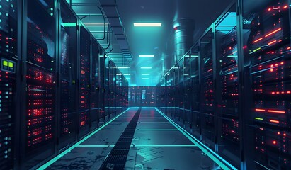 Dynamic Data Center with Rows of Servers Illuminated by Vibrant Blue Light for Technological Brilliance - obrazy, fototapety, plakaty