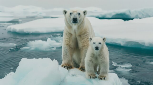 polar bear mother and cub along ice floe in arctic ocean above norway's svalbard islands