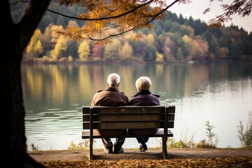 Elderly couple enjoys a tranquil scene by the lake