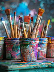 Mat&eacute;riel d'arts plastiques dans une classe d'&eacute;cole primaire, pinceaux, pots de peinture et dessin