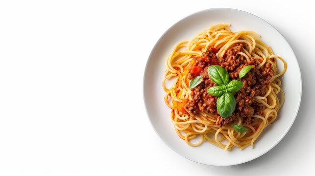 Spaghetti bolognese served on a white plate on a dark wooden background with tomatoes and basil