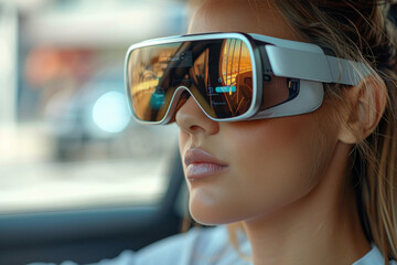 Caucasian woman drives a car in 3D virtual glasses
