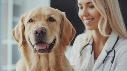Young female veterinarian holding a labrador dog in a vet clinic