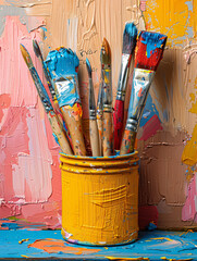 Mat&eacute;riel d'arts plastiques dans une classe d'&eacute;cole primaire, pinceaux, pots de peinture et dessin