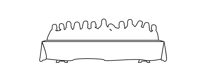 Jesus Christ and twelve disciples at the dinner table, drawing in black outline.