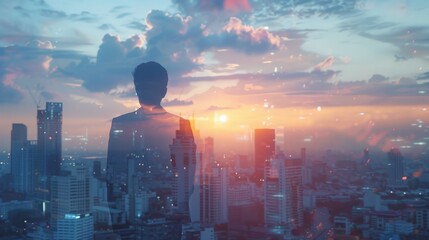 The double exposure image of the business man standing back during sunrise overlay with cityscape image. The concept of modern life, business, city life and internet of things. - obrazy, fototapety, plakaty