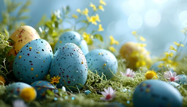 Colorful easter eggs in grass. Happy easter background.
