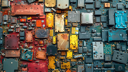 A close-up photograph highlighting the texture and colors of electronic waste