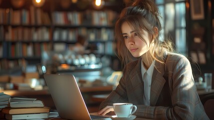 A successful businesswoman in a three-piece suit working on a laptop in a cozy coffee shop, surrounded by books and a cup of coffee - obrazy, fototapety, plakaty