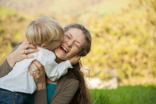 Mother and son together outside