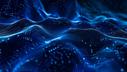 A technological mesh and glowing blue background with some blue light and flashes. Tech wallpaper concept. Waves artwork concept. Motion of lines.